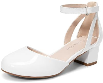 DREAM PAIRS Scarpini Eleganti da Ragazza con Punta Chiusa e Tacco Alto Principessa per Bambine con Tacco a Blocco Mary Jane, Size 32, Bianco, KKUMPU2501
