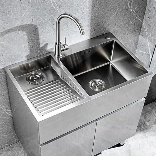 Fregadero De Acero Inoxidable Con Tabla De Lavar: Lavabo Para Uso General Hecho A Mano Para Lavadero, Taller Y Garaje: Acabado Cepillado Duradero, Lavabo Profundo Con Drenaje Eficiente(Left-b,90cm)