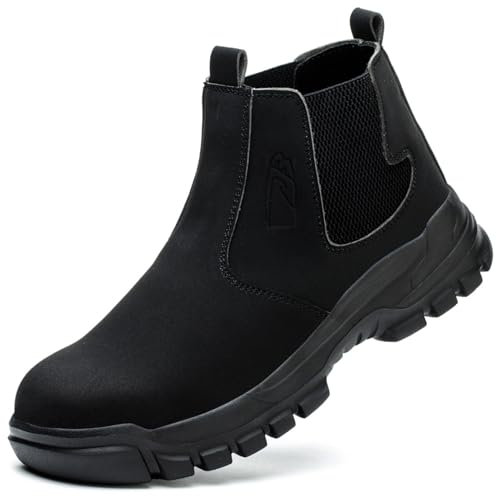 LVTFIYQX Botas De Seguridad De Invierno para Hombre con Puntera De Acero Antiaplastamiento, Botas Chelsea Antideslizantes Sin Cordones, Botas De Trabajo De Cuero Impermeables,Negro,45 EU