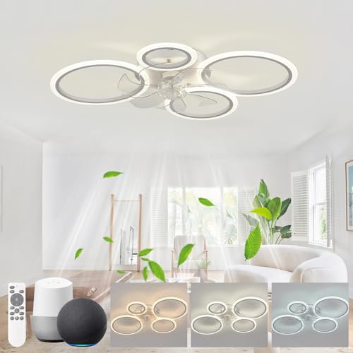 Ventilateur de plafond moderne de 80 cm avec lumières et minuterie pour chambre à coucher, salon, design réversible silencieux, compatible avec LED, couleur blanche