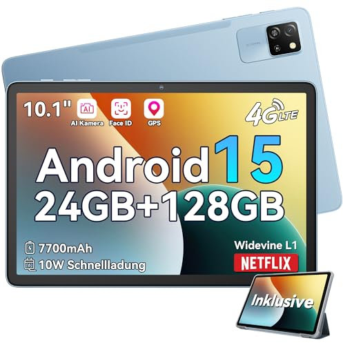 Blackview Tab60 Pro Android 15 Tablet 10 Zoll, 24GB(8GB+16GB Erweiterung)RAM+128GB ROM(2TB TF), Dual 4G LTE SIM,Octa Core PC Tablets, 7700mAh Akku, Widevine L1 HD Display, 5G WiFi, Face ID, GPS, Blau