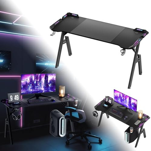 ACXIN Gaming Tisch – Gamer Schreibtisch 140 x 60cm, A-förmiges Design, RGB LED-Beleuchtung, Kohlefaseroberfläche, Ergonomischer Eckschreibtisch mit Getränkehalter und Kopfhörerhaken