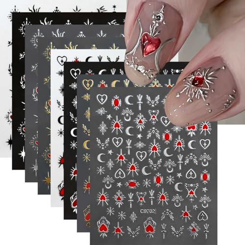 GZMAYUEN 9 Blätter Metallic Mond Stern Nagelaufkleber 3D Selbstklebend Retro Golden Silber Rose Glänzend Laser Sonne Totem Nagelkunst Designs Sonne Sterne Mond Herz Nagelkunst Designs Abziehbilder