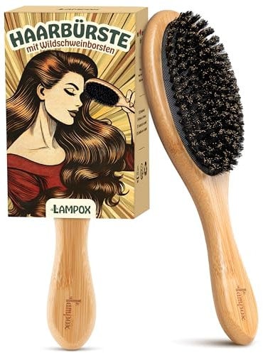 lampox Haarbürste, Wildschweinborsten Bürste für Damen Herren Kinder, Bambus Paddel Naturborsten für dünnes, feines Haare, Verbesserung der Haartextur (Bambus)