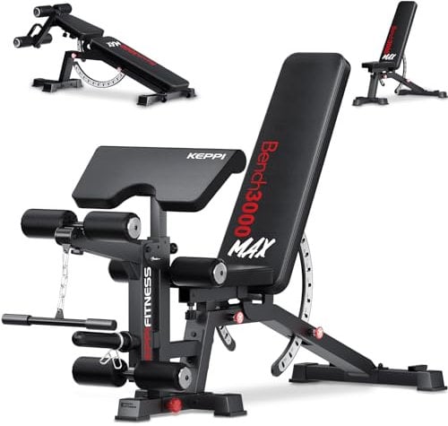 Keppi Hantelbank Verstellbar, mit 600 kg Kapazität, Schwerlast Verstellbar für das Heimtraining Schrägbank, Predigerpad und Neigungs/Abwärts/Flachverstellung Trainingsbank - Bench3000 Max