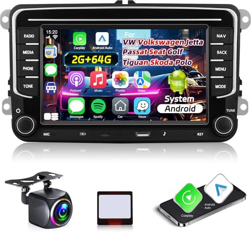 2G+64G Estéreo de Coche para VW Volkswagen Jetta Passat Seat Golf Tiguan Skoda Polo, Inalámbrica Carplay y Android Auto 7 Pulgadas de Pantalla Táctil Car Stereo con Bluetooth/EQ/GPS/WiFi/FM RDS