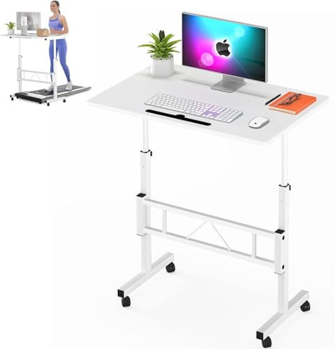 Klvied Kleiner Stehpult, höhenverstellbar, mobiler Tisch mit Rollen, tragbarer Laptoptisch, Stehender Computertisch für Gehunterlage (Weiß)