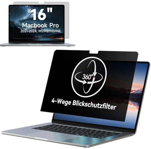 IPROKKO 360° Blickschutzfolie für MacBook Pro 16 Zoll 2021-2024 (M1, M2, M3, M4) Selbstklebender Anti Glare Blaulicht Mac Privacy Screen Protector, Vier-Wege Blickschutzfilter, Laptop Sichtschutzfolie