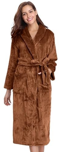 Vlazom Ropa de Casa Mujer Invierno Polar, Largo Albornoz de Felpa para Señora, Abrigo de Estar por Casa con Cinturón S-XL