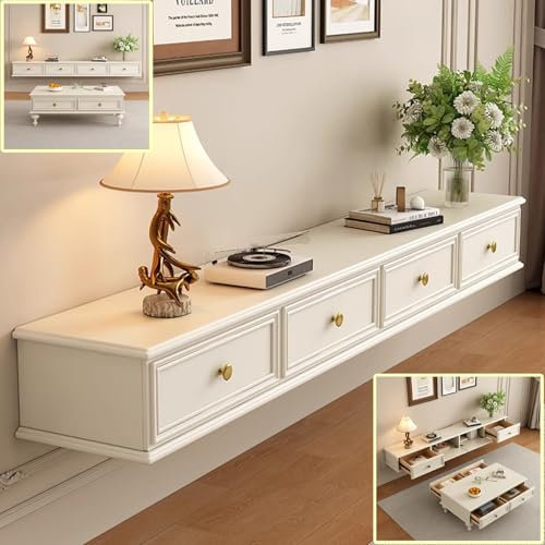 XDXINY Mueble de TV flotante con cajones, con gestión de cables, consola multimedia de TV, armario grande de madera maciza, banco de TV debajo de la TV (sin montaje) (blanco, 220 x 20 x 24 cm)