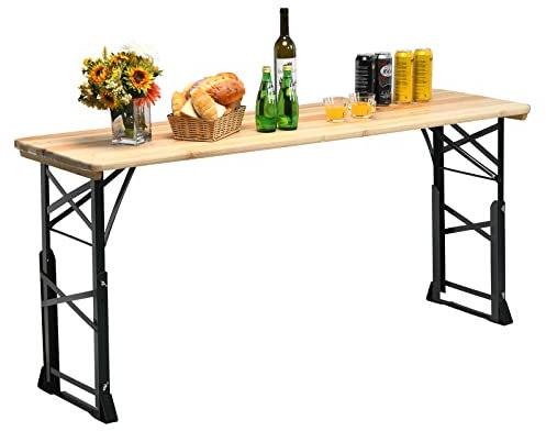 GOPLUS Bierzelttisch Höhenverstellbar, 168,5 cm Biertisch aus Holz, mit Schirmloch, Partytisch, Pickniktisch, Klapptisch, Stehtisch für Garten, Party, Nautur & Schwarz