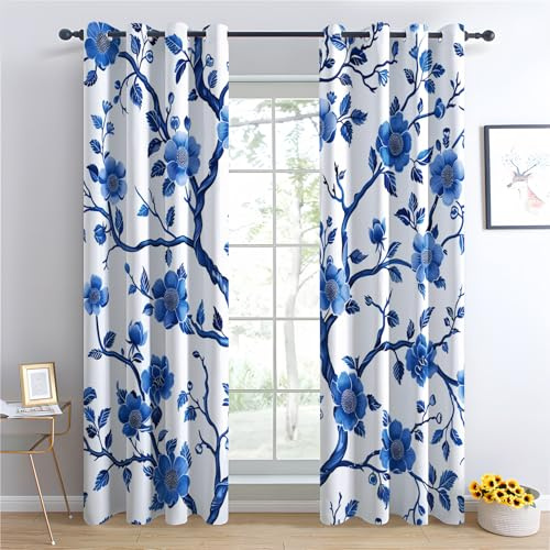 Luxfieo Rideau Occultant Fleur - Décoration Fleur, Rideau Thermique Motif Fleurs Bleu et Blanc Chinois, Lot de 2 Rideaux Opaque à Oeillets pour Fenetre Chambre Salon Chambre Enfant, 140x260 cm (LxH)