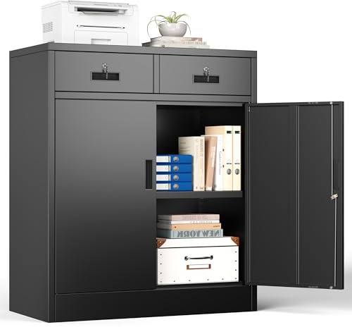 Aktenschrank, Mehrzweckschrank, Schrank abschließbar, Schwarz, 90*80*40cm | Büroschrank mit 2 Türen, Aufbewahrungsschrank Stahl, 2 Schublade und 1 Verstellbarer Einlegeboden für Büro,Garage,Wohnzimmer