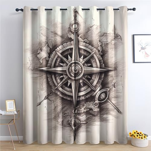 Venivici Kompass Vorhänge Wohnzimmer Schlafzimmer - Maritim Nautisch Vorhang 160 cm Lang Blickdicht, Gardinen mit ösen, Verdunklungsvorhänge Kinderzimmer, Thermovorhang 2er Set