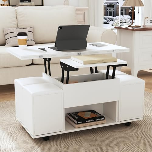 Bladez Couchtisch mit höhenverstellbarer Platte | 2-in-1 Multifunktionstisch, Mit 2 Schubladen & Schrank | Weiß & Holzumwandelbar in Esstisch | (White 3)