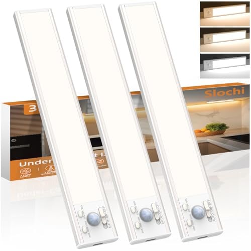 slochi Rechargeable Under Cabinet Kitchen Lights-3 Color&Dimmable, 3 Modes, Motion Sensor, Magnetic&Stick Easy Installation Under Closet Light for Counter Wardrobe Shelf Cupboard-20CM/3 Pack