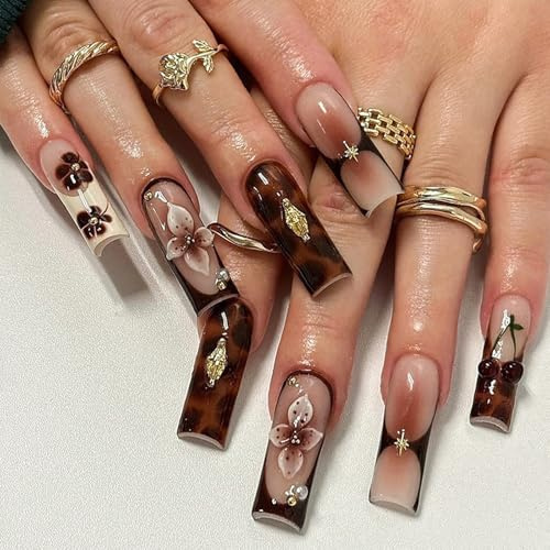 24 Pieces Long Coffin Press on Nails - Square False Nails with Glue - Glue on Nails with Leopard Print Flower Design - Strong Glossy Full Cover Stick on Nails for Women Girls Nails Art Gift