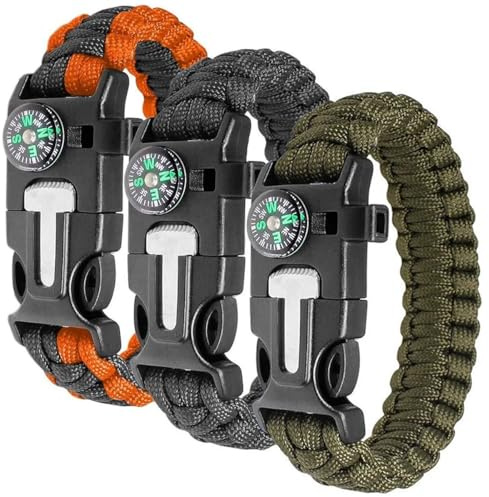 QiMan 3 Stück Survival Armband,5 in 1 Überlebensarmband menthalten Feuerstein + Kompass + Pfeife + Schirmseil + Mini-Säge - für Wandern, Camping, Notfall (Schwarz, Armeegrün, Orangeschwarz)