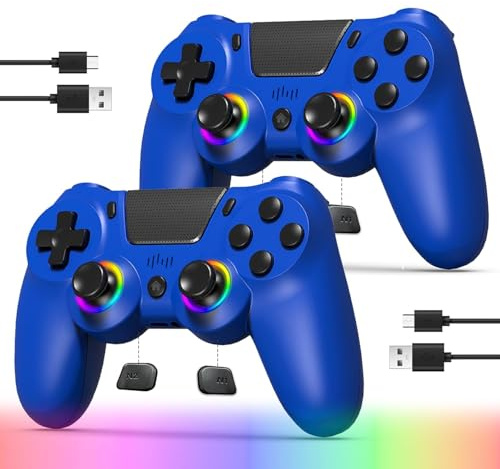 TJPD 2-Pack Wireless Controller for PS4/Pro/Slim & PC，2 Programmable Rear Buttons, RGB Lighting, 800mAh Battery, Dual Vibration, 6-Axis Gyro, Built-in Speaker & Audio Jack（Blue）