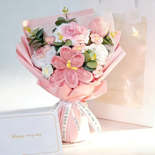Kiswleon Crochet flowers,Knitted Flowers,Handmade Crochet Flower Bouquet,Hand-Woven Artificial Roses,Tulips for Wedding Gifts Mothers Day Anniversary Graduation
