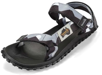 Gumbies Vegane Sandalen Damen und Herren - Scrambler - Nachhaltige Sommerschuhe aus recycelten Materialien - Rutschfeste Sohle aus Kautschuk - Ergonomisches Fußbett - Schwarz und Grau - Gr. 46