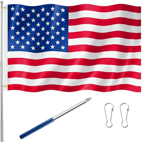 Tatuo Bandiera USA Set 150x90 cm con Asta Telescopica 160 cm, Bandiera Americana Resistente alle Intemperie Interno Esterno, Asta Estensibile Stati Uniti Football 2026 4th of July Giardino Balcone