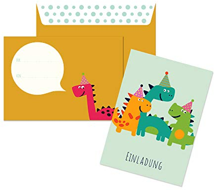 Friendly Fox Dino Einladung T-Rex, 12 Einladungskarten Dinosaurier Geburtstag, Kinder Geburtstagseinladung Dino Party, DIN A6 Einladung mit Umschlag