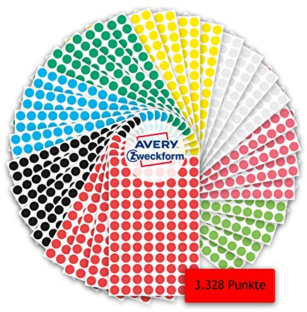AVERY Zweckform 59994 selbstklebende Markierungspunkte 3.328 Stück (Ø8mm, 8 Farben mit je 416 Klebepunkten auf 4 Bogen, Farbcodierung, runde Aufkleber für Kalender, Planer und zum Basteln, Papier)
