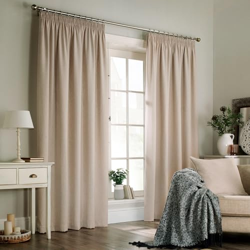 furn. Harrison Herringbone Weave Pencil Pleat Curtain Pair - Oatmeal - 168x183cm