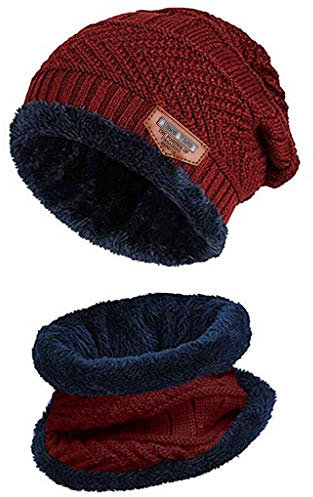 LOPILY Wintermütze Herren Damen mit Schal Thermo Strickmütze Gefüttert Beanie Mütze Herren Wollmütze Windstopper Warm Skimütze mit Schirm Bart Mütze Winter Accessories Fahrradhandschuhe (Weinrot)