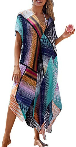 Bsubseach Womens Multicolor Print Beach Kaftan Dresses Short Sleeve Swimsuit Cover Ups for Swimwear