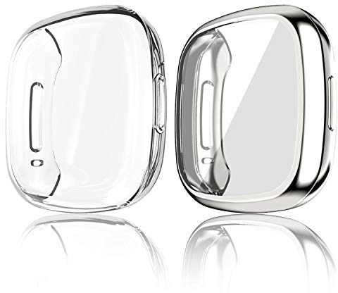 MJRom Hülle Kompatibel mit Fitbit Versa 3/Sense Schutzhülle, [2 Stücke] Vollständige Abdeckung Weiche TPU Cover Case Schutzfolie für Sense/Versa 3 Smartwatch (Klar+Silber)