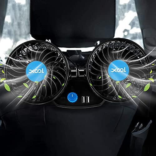 XOOL Electric Car Fans for Rear Seat Passenger Portable Seat Headrest 360 Degree Rotatable Backseat Car Fan 12V Cooling Air Fan with 2 USB Charging Ports for SUV, RV, Vehicles