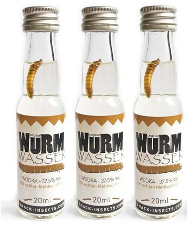 3er Set WurmWasser Wodka mit echten Mehlwürmern - 3x 20ml Miniaturflasche - von Snack-Insects – Fun Shot & Party Geschenk – 37,5% Vol.