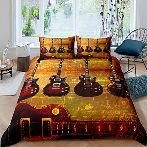 Teens Guitar Duvet Cover Set King Size, Music Theme Bedding Set For Kids Boys Girls Youth Bedroom, Musical Note Comforter Cover Retro Style Gold Quilt Cover With 2 Pillow Cases