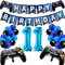 Geburtstagsdeko Jungen 11 Jahre, Gamer Deko Geburtstag, Happy Birthday Girlande Banner Deko Junge, Gamecontroller Luftballons Schwarz Blaue Ballons Set für Kinder Videospiel Thema Party Zubehör