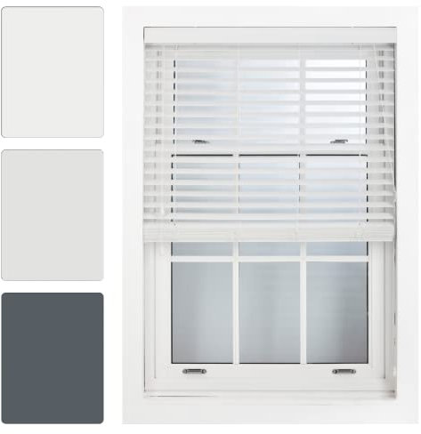 FURNISHED White Faux Wood Venetian Blinds 50mm Easy Fit Trimmable Child Safe Home Office Window Blinds, 55cm x 150cm