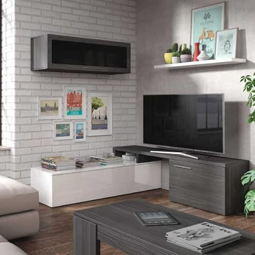 DANSMAMAISON Meuble TV modulable Angle Blanc/Gris Cendre - XUNS - Banc TV : L 200 x l 41 x H 44 cm; Module supérieur : L 105 x l 32 x H 32 cm ; Etagère : L 95 x l 21 x h 3 cm