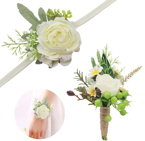 CCUCKY Set mit 2 Handgelenk Corsage und Herren Ansteckblume für Hochzeiten, Abschlussbälle, Brautpartys (Weiß-B)