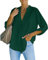 NONSAR Damen Bluse Elegant V-Ausschnitt Henley Hemdbluse Aufrollbaren Ärmeln Locker Blusen Lange Ärmel(9351XXL,Dunkelgrün)