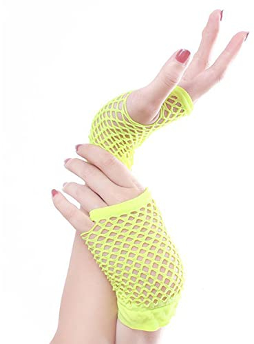 SamHeng netzhandschuhe, 1 Paar Gelb Kurze Netzhandschuhe, durchbohrte fingerlose Nylon-Netz Handschuhe, funky Retro, elegant, dehnbar, Opernabend, Party, 1920er-Jahre-Handschuhe