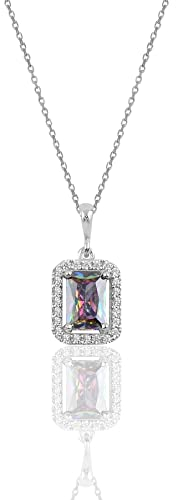 Silber Rhodinierter Halskette mit elegantem Mystischen Zirkonia Stein Baguette Anhänger, Kettenlänge 45cm, Anhängergröße 10x8mm
