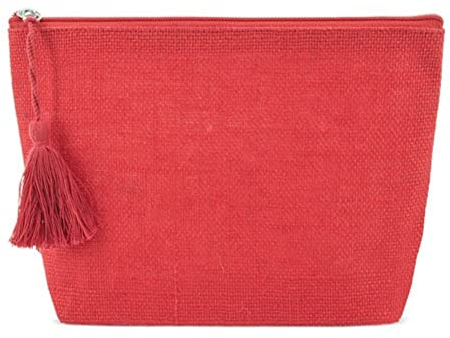 Trousse de toilette en jute pour femme avec fermeture éclair et gland. Sac cosmétique, rouge, Besoins