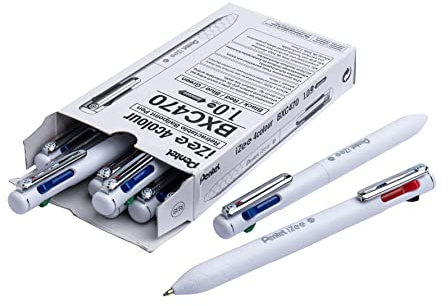 Pentel iZee BXC470-W Kugelschreiber, 4 Farben, niedrige Viskosität, Schwarz, Rot, Blau, Grün, 1 mm, breiter Schaft, Weiß, 12 Stück
