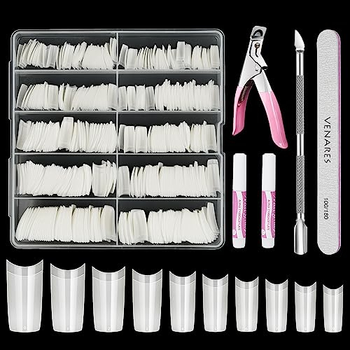 Acrylic Nail Tips Set, Venares 500 Pieces White Nail Tips for Acrylic Extensions Kit Includes Glue, Files, Clippers, Cuticle Pusher - 10 Size
