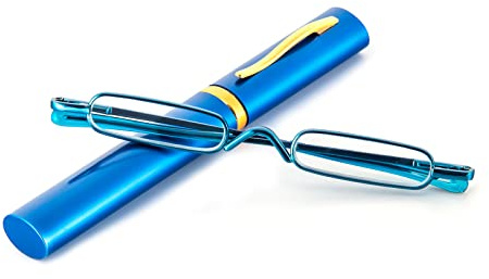 MMOWW Mini Compact Reading Glasses for Men Women -Superlight Metal Pocket Readers with Portable Pen Cases (Blue, +2.0)