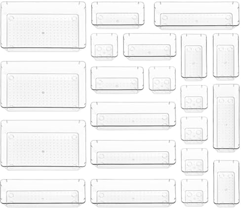 Stackzy Drawer Organiser Set – Makeup Organiser Tray for Drawers – Clear Cosmetics Container Tray for Bedroom – Utensil Cutlery Set Divider – Kitchen Storage & Organisation – 21pack