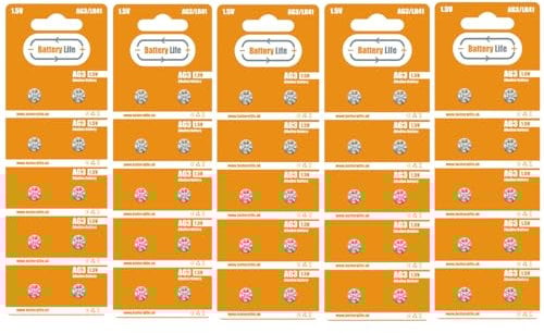 Battery Life AG3 LR41 Batteries (50 pack) Button Coin Cell Alkaline 1.5v Long Life UK Brand