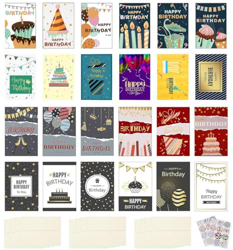 24 Stück Geburtstagskarten Set mit Umschlag, Glückwunschkarte Geburtstag, Happy Birthday Karte Geburtstag, Postkarten Geburtstag Karten für Männer, Frauen und Kinder,für Familie Freunde Kunden