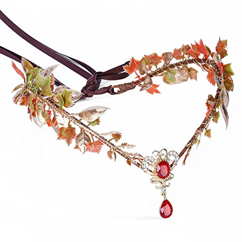 MOSTORY Handgefertigtes rotes Ahornblatt-Stirnband, Waldelfenranke, Krone, Kopfschmuck, roter Kristall, Haarkranz, Tiara für Damen, Hochzeit, Brautschmuck, Mutterschaft, Cosplay, Kostümzubehör
